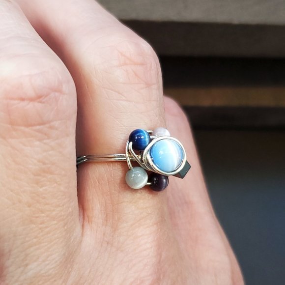 Size 8 Sterling Silver Handmade Wire Multiple Cat's Eye Stone Ring - Picture 3 of 6
